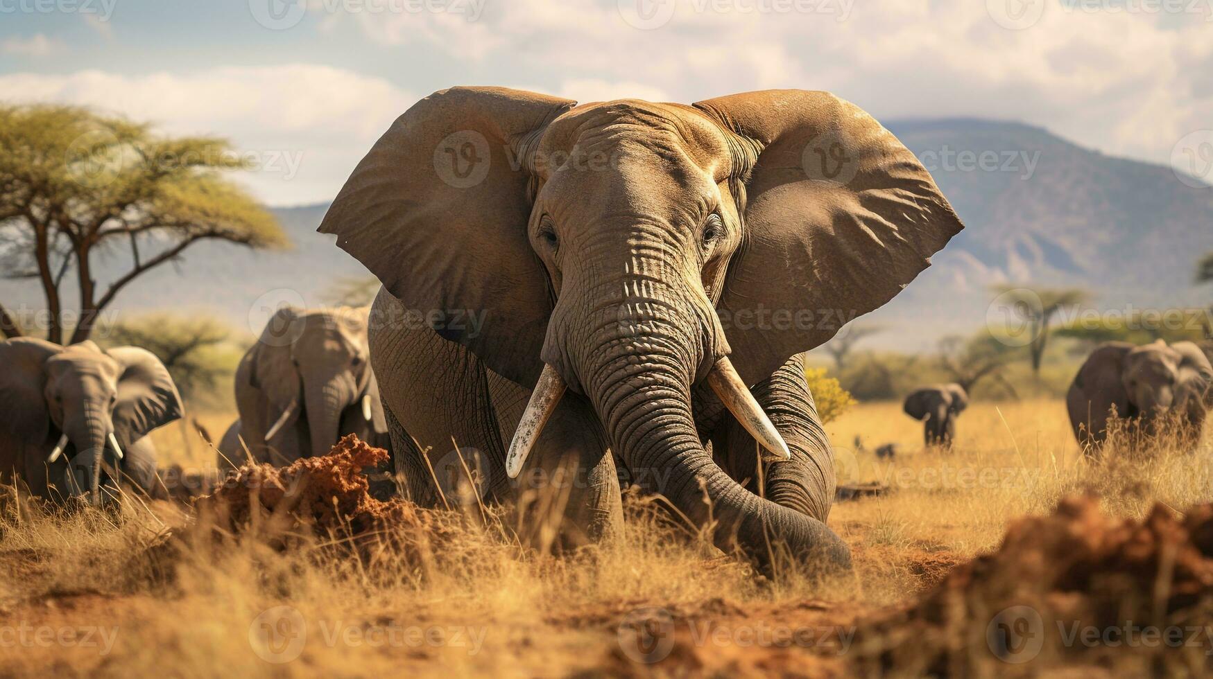 Photo of a herd of Elephant resting in an open area on the Savanna. Generative AI
