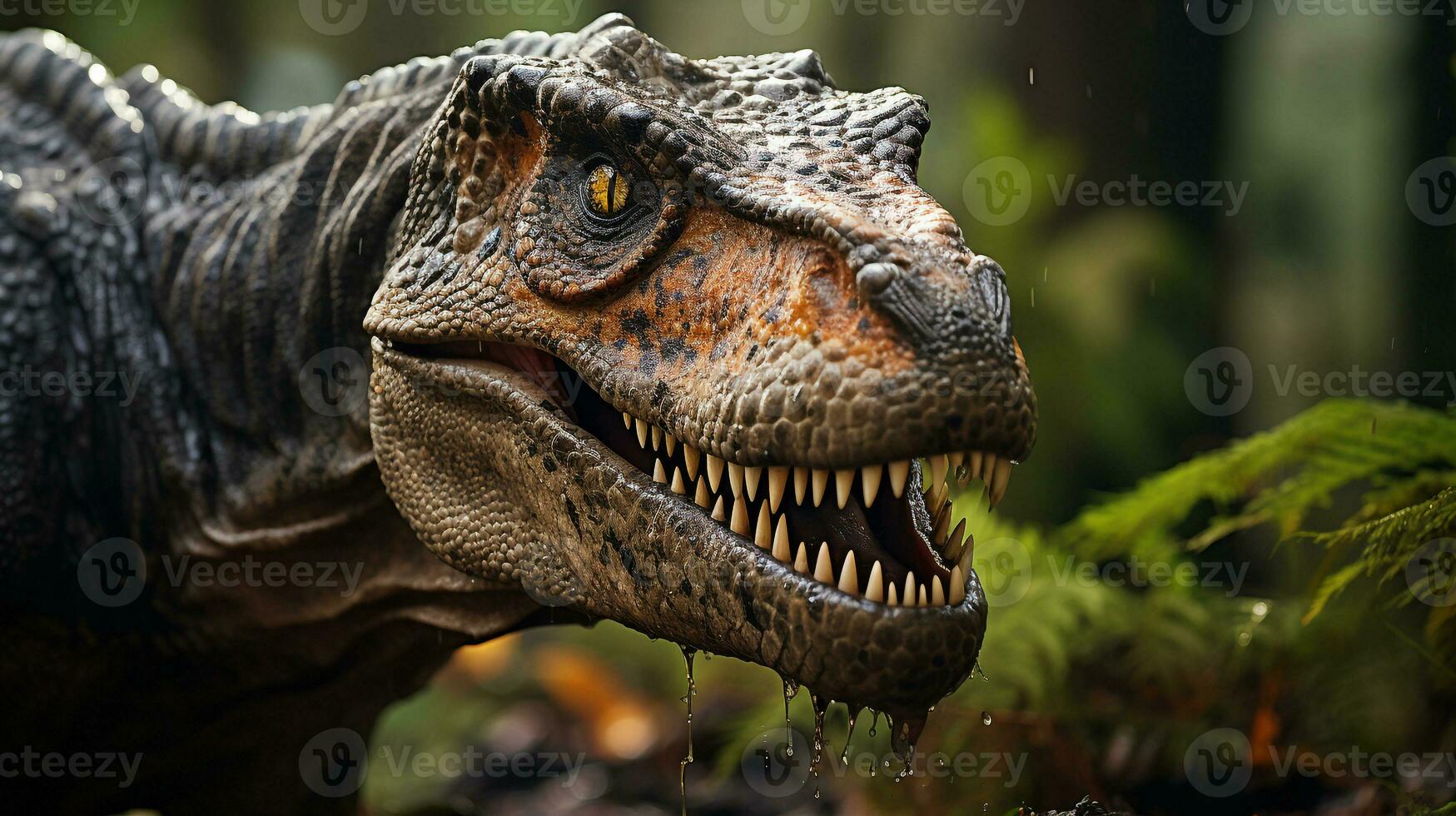 Close-up photo of a Tyrannosaurus Rex looking in their habitat. Generative AI