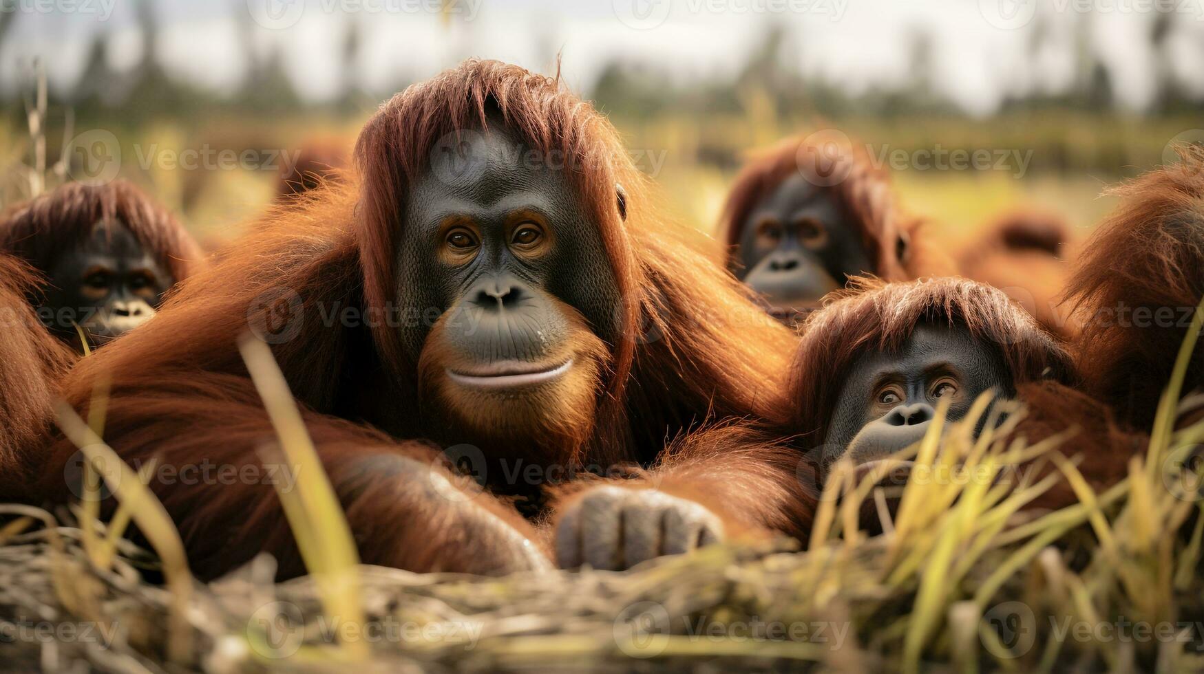 Photo of a herd of Orangutan resting in an open area on the Savanna. Generative AI