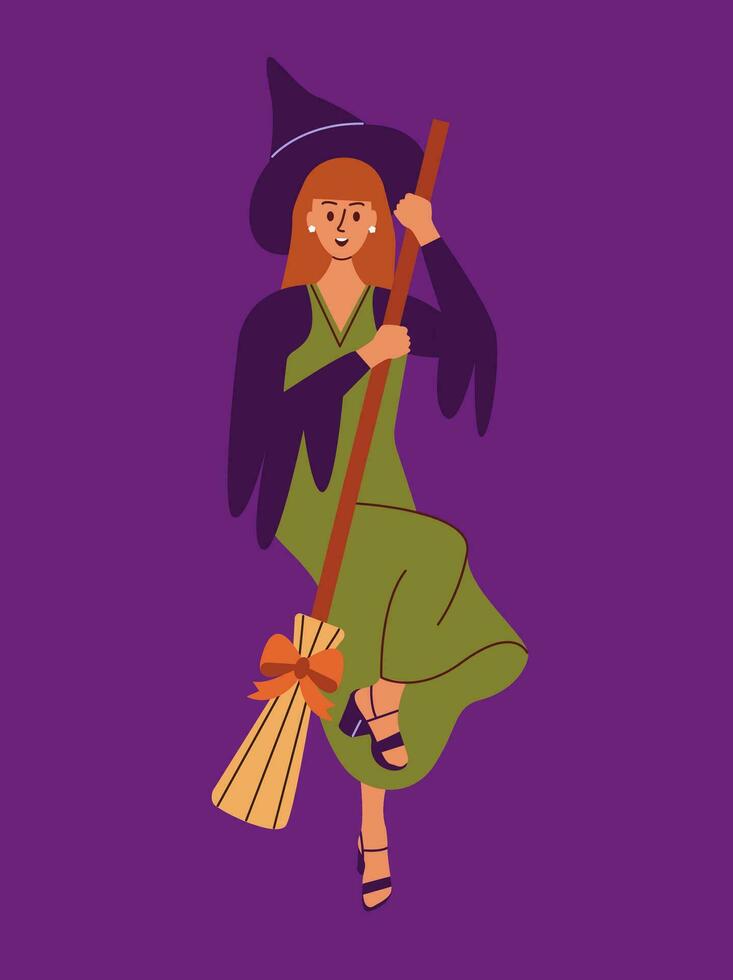 Woman wearing witch costume. Scary carnival clothing. Flat vector illustration.