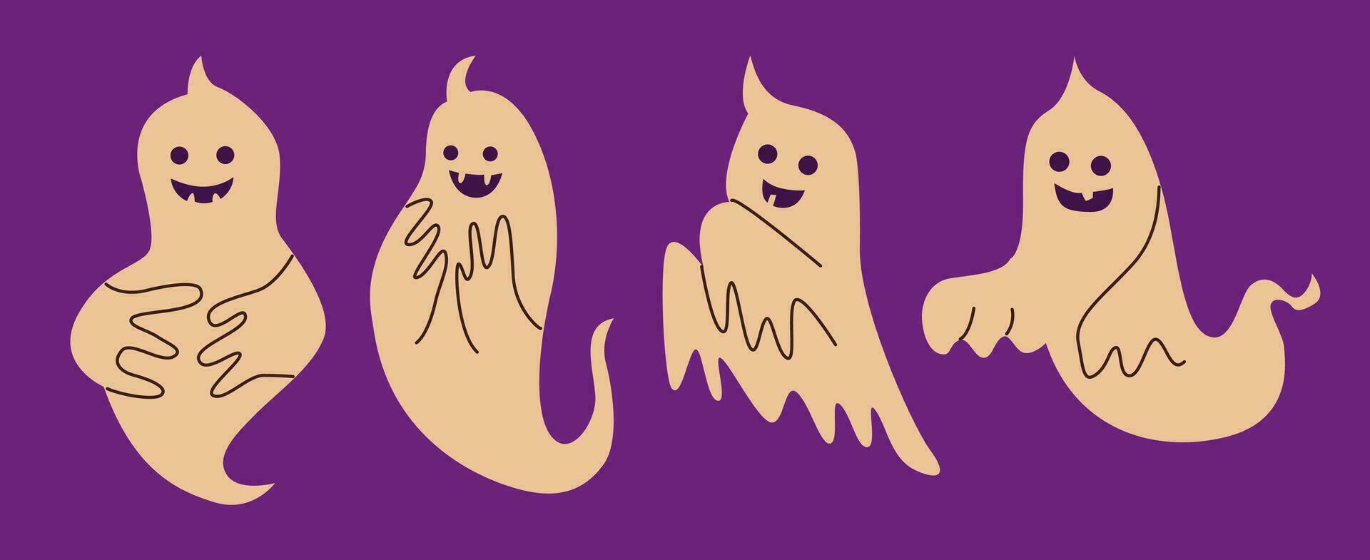 Collection of funny ghosts for Halloween decoration. Cute Halloween spirit. Flat vector illustration.
