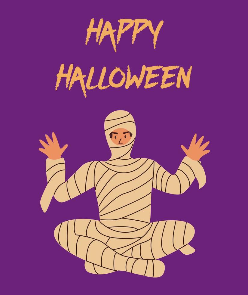 Man wearing mummy costume. Scary carnival clothing. Flat vector illustration.