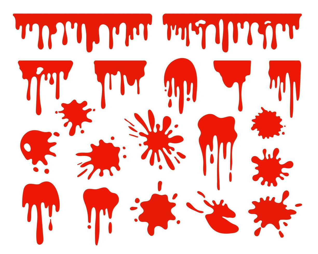 Blood splash set. Happy halloween blood drops. Red hand drawn paint splatter, ink splatter background, liquid melt. Drop and blob of blood.Vector isolated illustration. vector