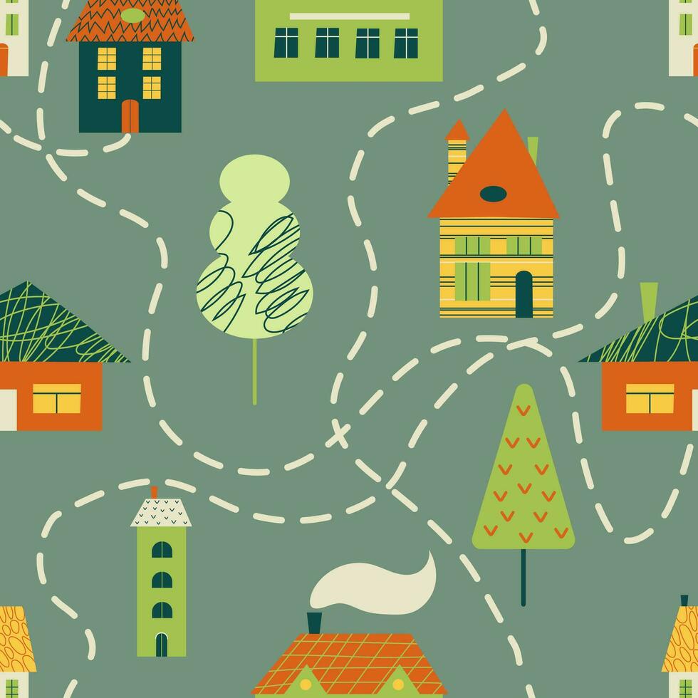 Seamless vector pattern with trees, houses, map.Pattern for fabrics, clothing, holidays, packaging paper, pajamas.