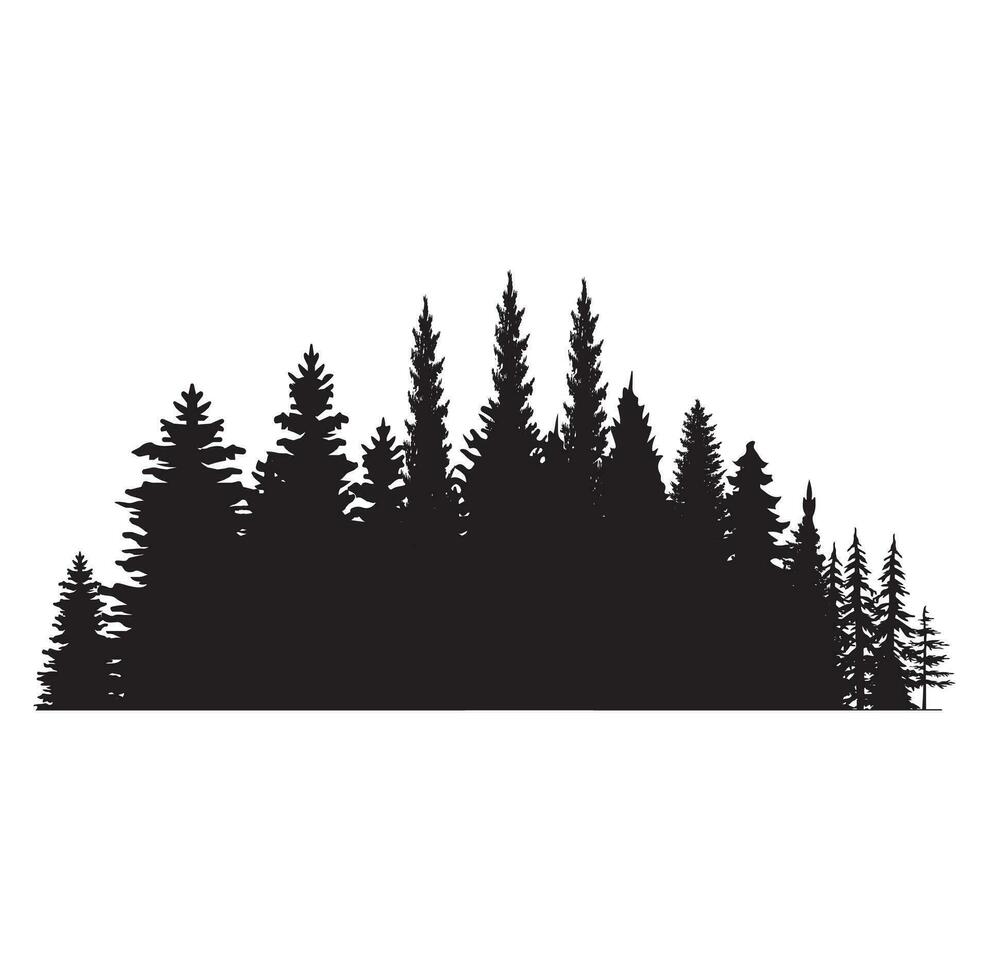 Pine tree silhouettes. Evergreen forest firs and spruces black shapes, wild nature trees templates. Vector illustration woodland trees set on white background