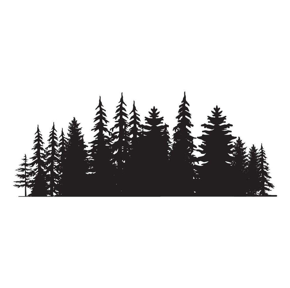 Pine tree silhouettes. Evergreen forest firs and spruces black shapes, wild nature trees templates. Vector illustration woodland trees set on white background