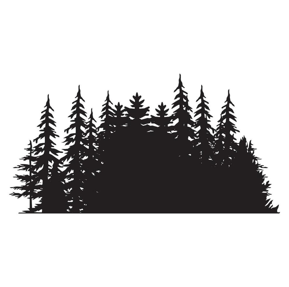 Pine tree silhouettes. Evergreen forest firs and spruces black shapes, wild nature trees templates. Vector illustration woodland trees set on white background