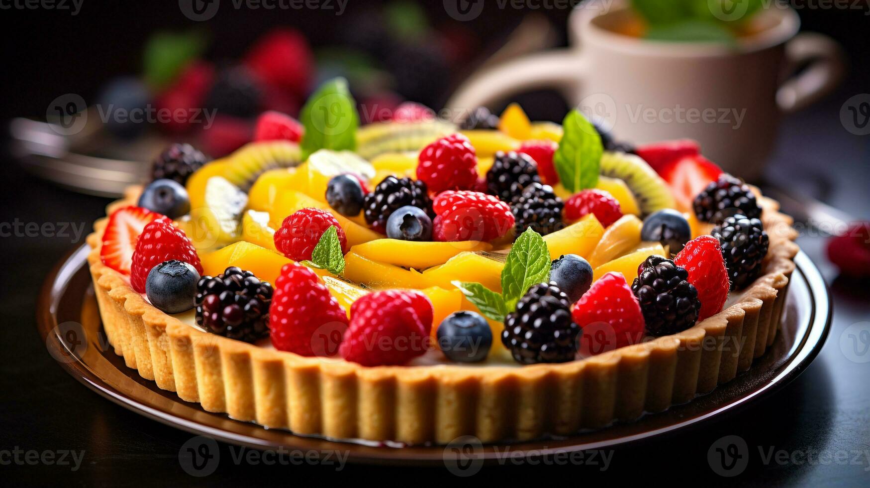 Photo of Fresh Fruit Tart as a dish in a high-end restaurant. Generative AI