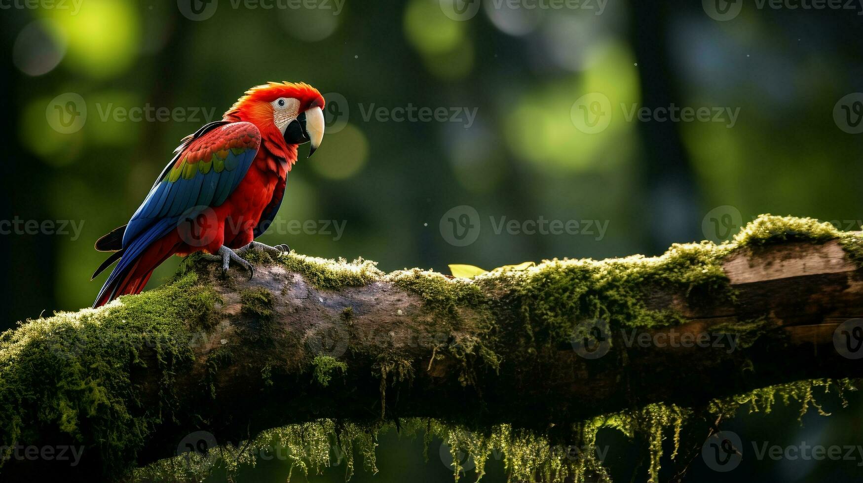 Photo of a Scarlet Macaw standing on a fallen tree branch at morning. Generative AI