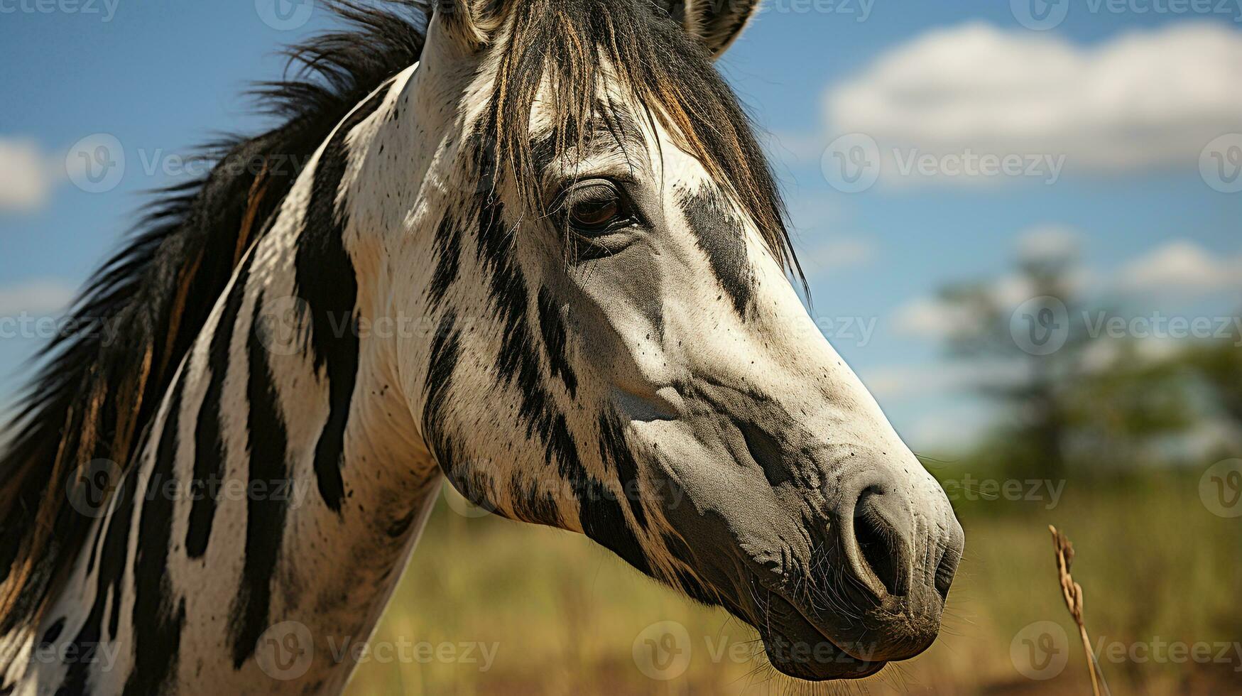 Close-up photo of a Zorse looking any direction. Generative AI