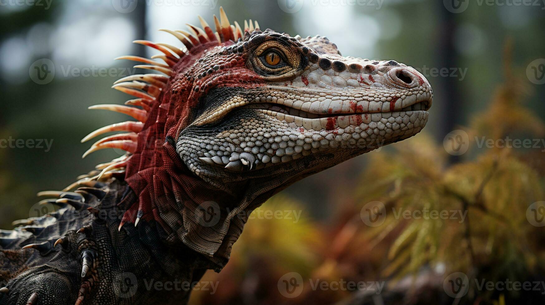 Close-up photo of a Spinosaurus looking in their habitat. Generative AI