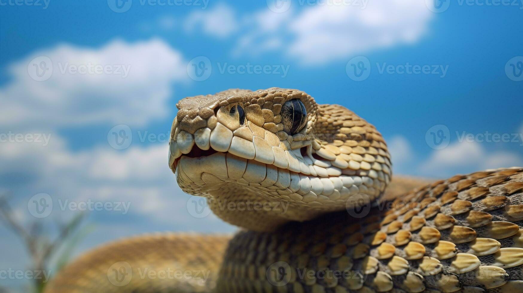 Photo of a Rattle snake under Blue Sky. Generative AI