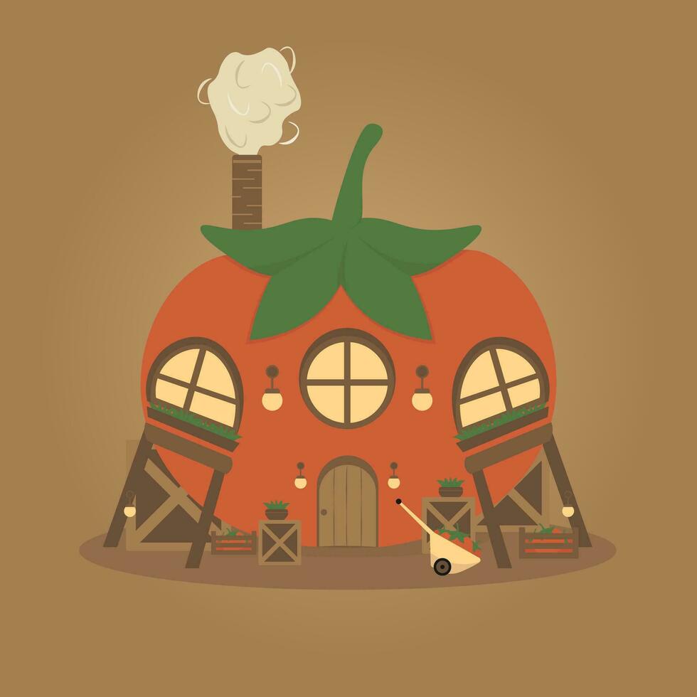 cozy cartoon tomato house vector illustration isolated on brown background