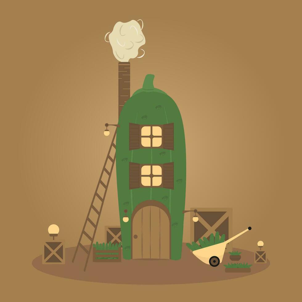 cozy cartoon cucumber house vector illustration isolated on brown background