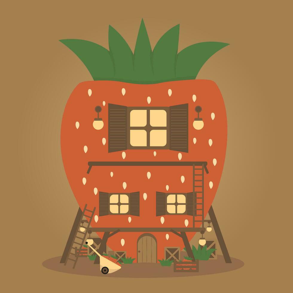 cozy cartoon strawberry house vector illustration isolated on brown background