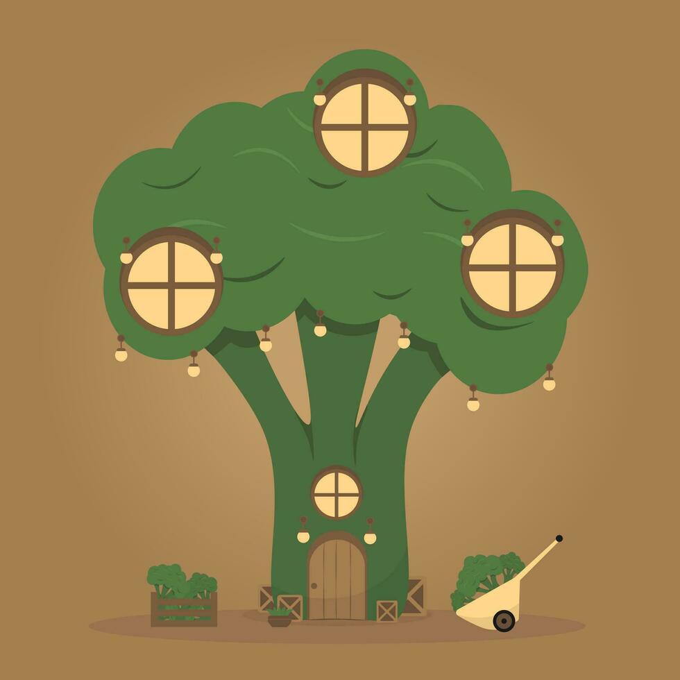 cozy cartoon broccoli house vector illustration isolated on brown background