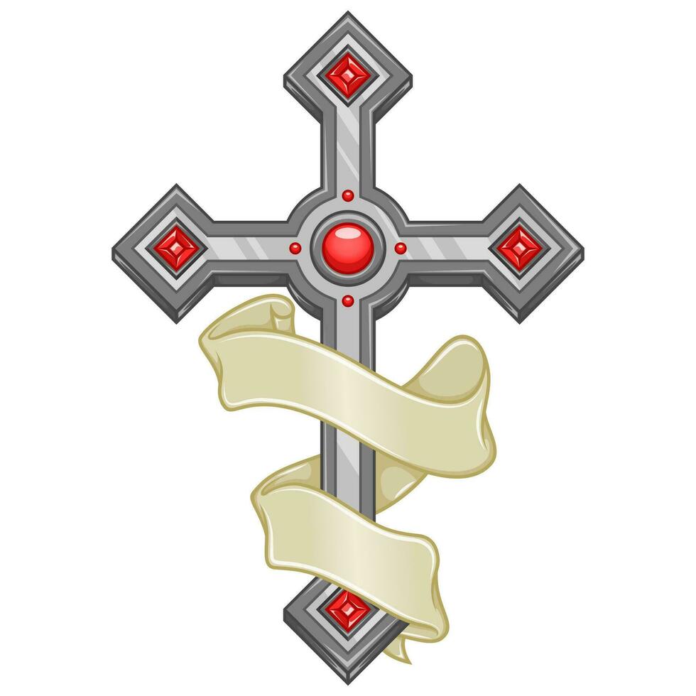 Vector design of Christian cross with ribbon, symbol of the Catholic religion, Christian cross with diamonds and ribbon
