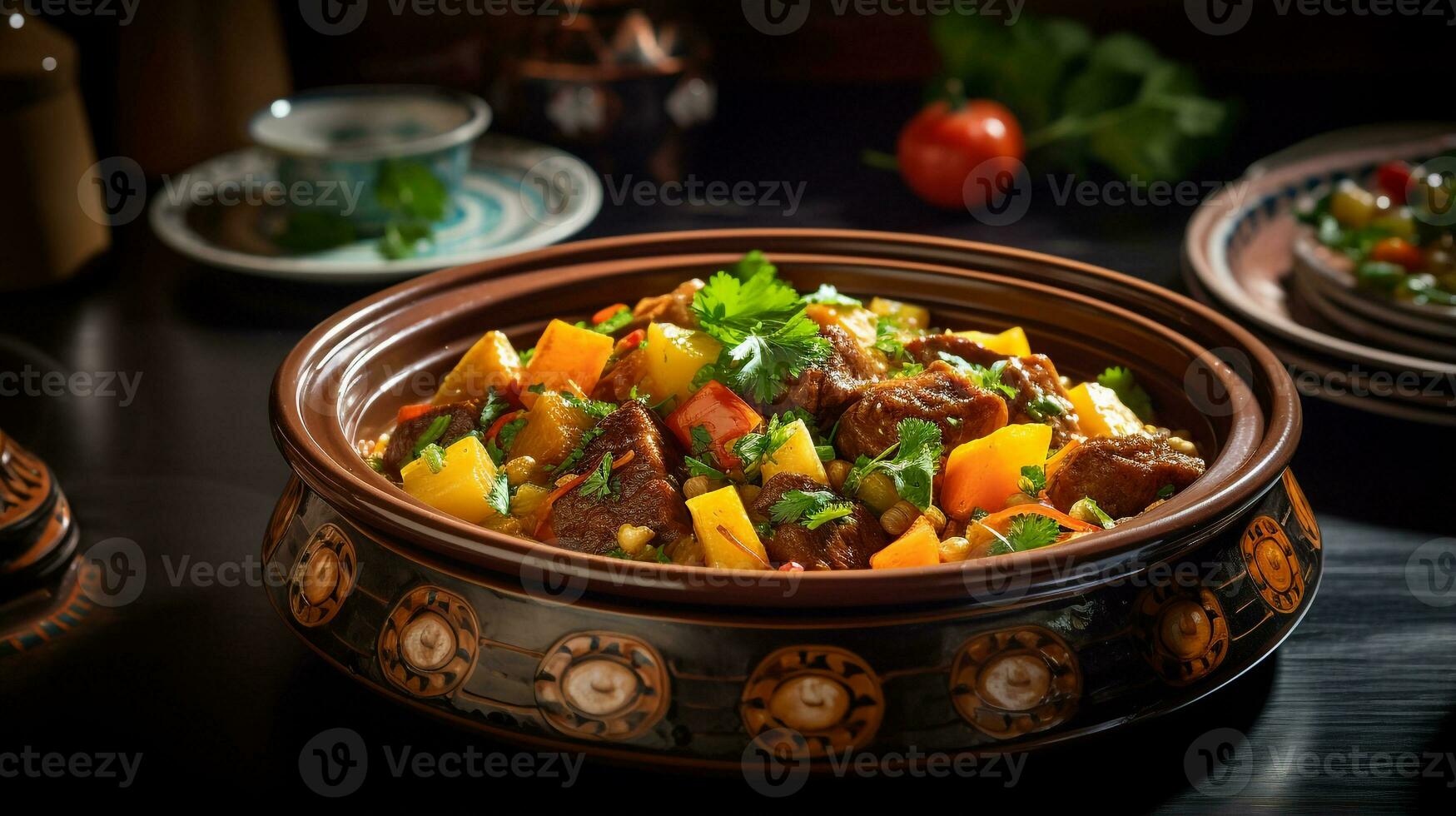 Photo of Lamb Tagine as a dish in a high-end restaurant. Generative AI