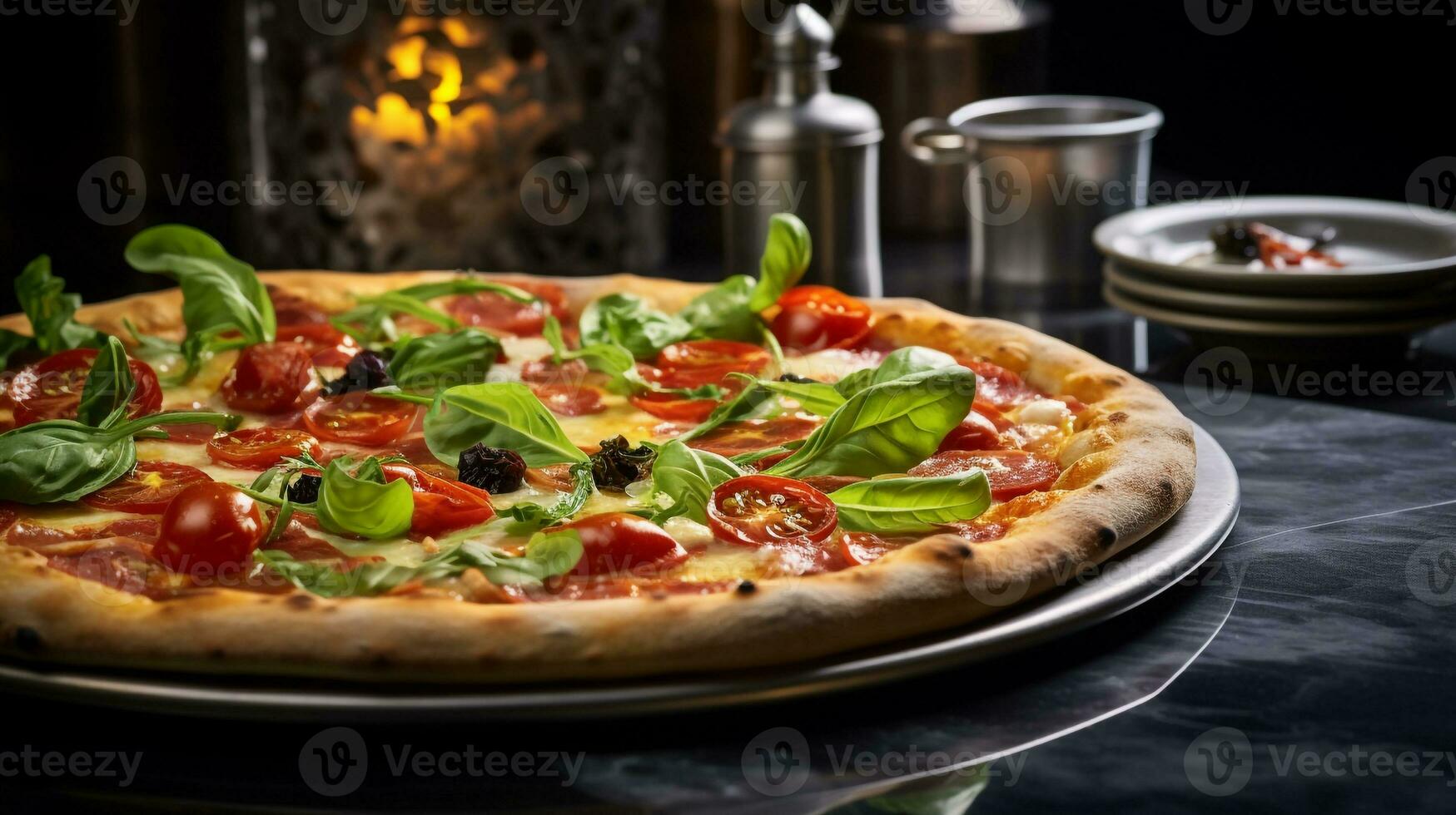 Photo of Pizza as a dish in a high-end restaurant. Generative AI