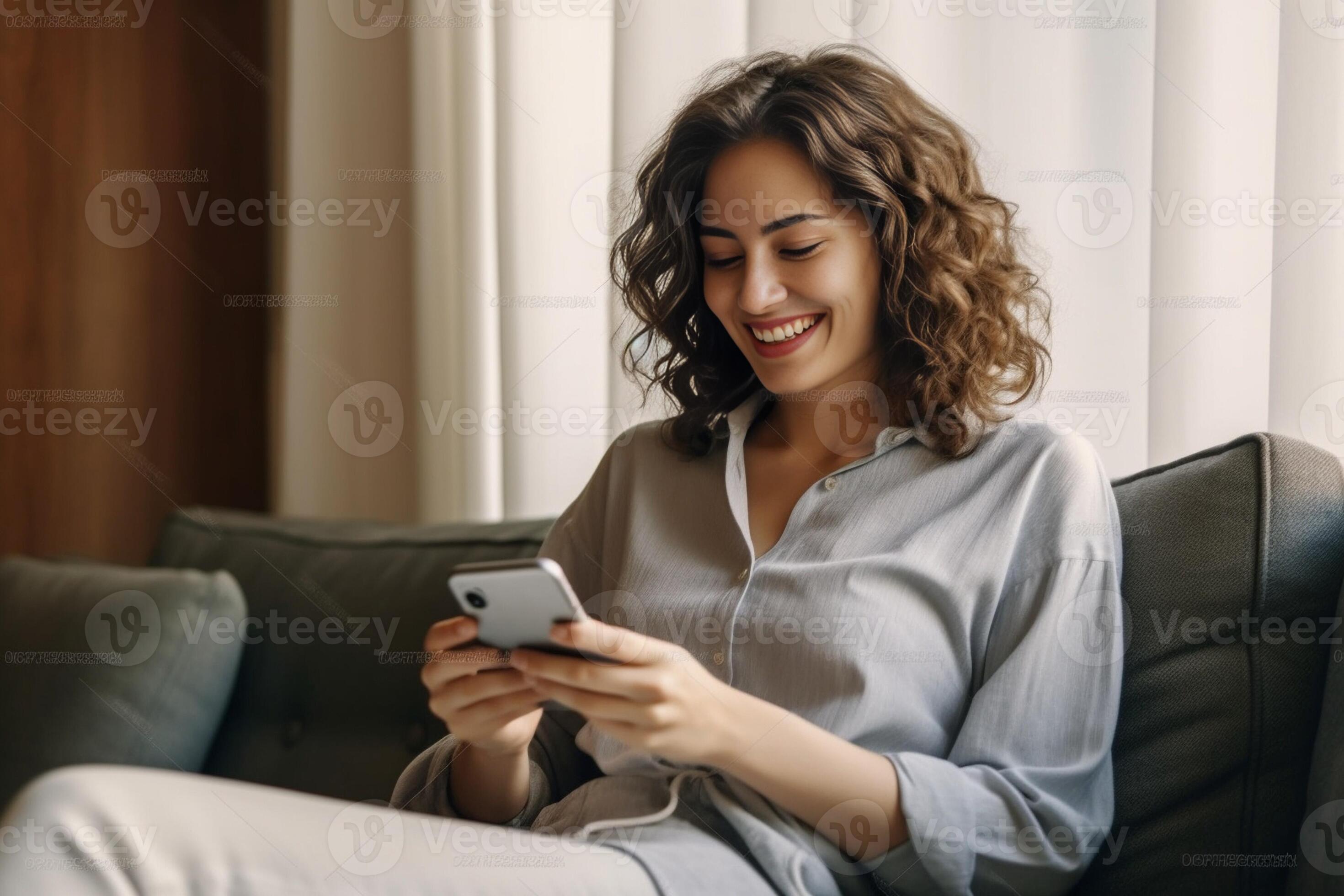Beautiful young woman sitting and texting on her smartphone, Generative