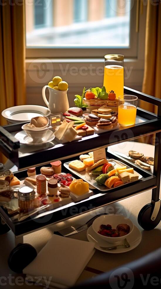 Hotel room service cart in a hotel room, Generative AI 29875540 Stock
