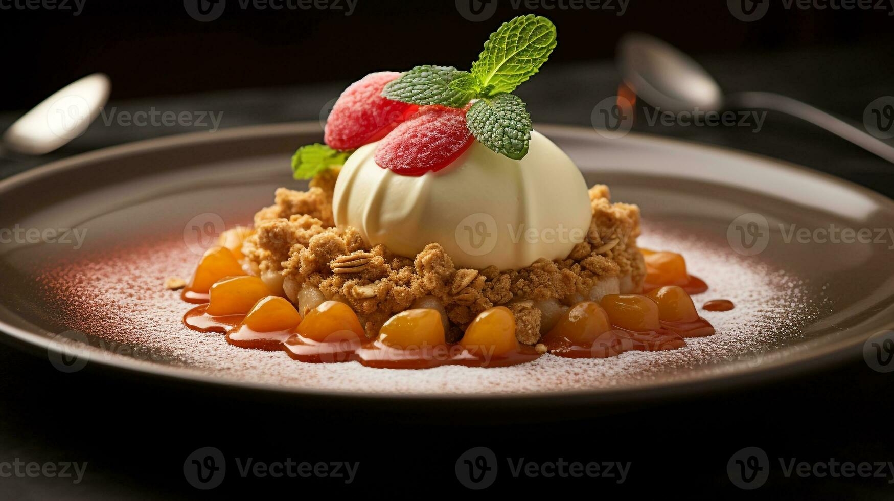 Photo of Apple Crisp as a dish in a high-end restaurant. Generative AI