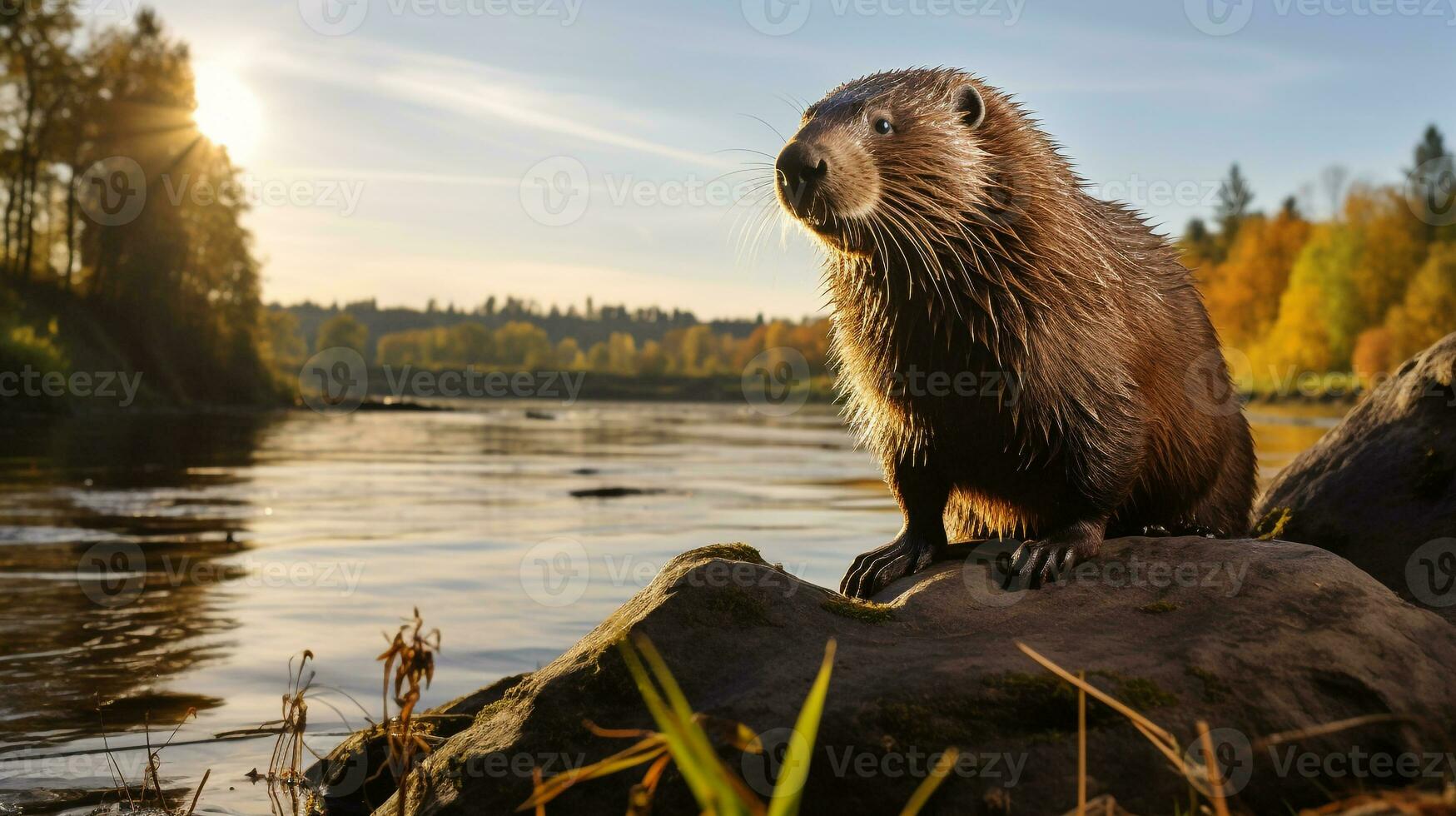 Close-up photo of a Beaver looking in their habitat. Generative AI