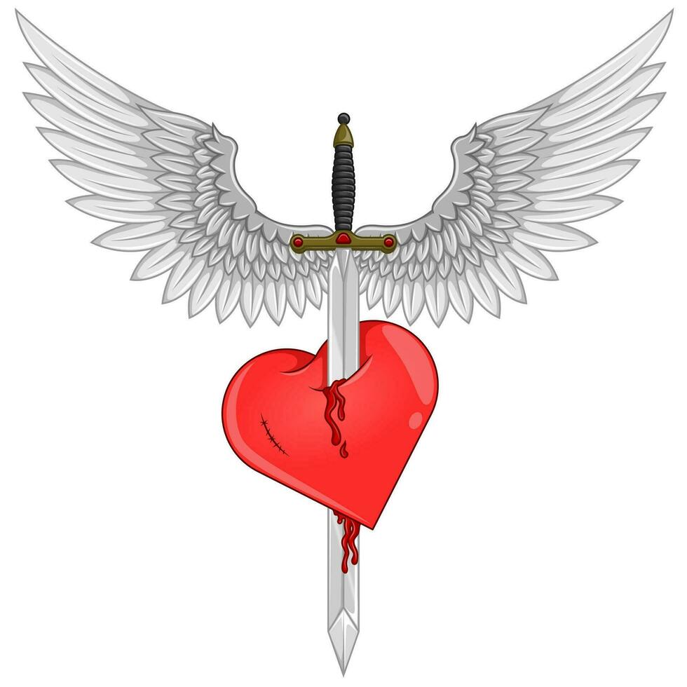 Vector design of European medieval sword with wings, Winged sword piercing a heart as a symbol of love