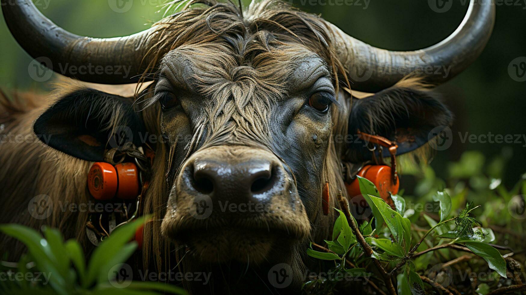 Close-up photo of a Wildebeest looking any direction on jungle. Generative AI