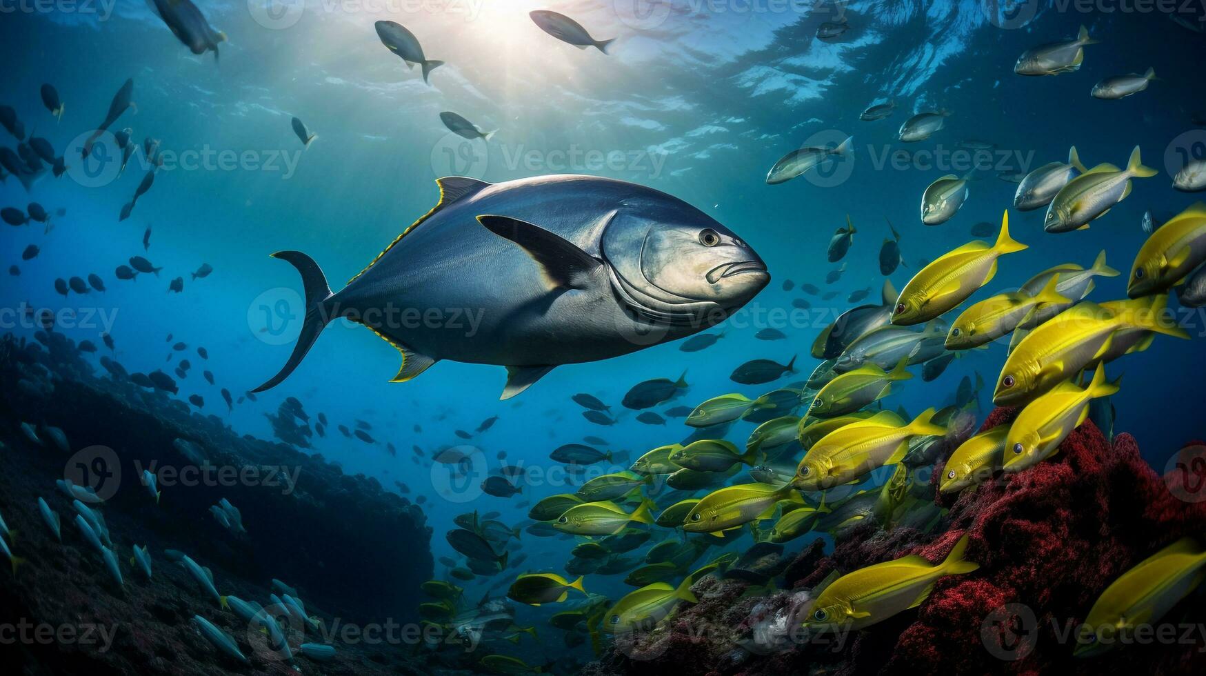 Photo of Yellowfin Tuna with various fish between healthy coral reefs in the blue ocean. Generative AI