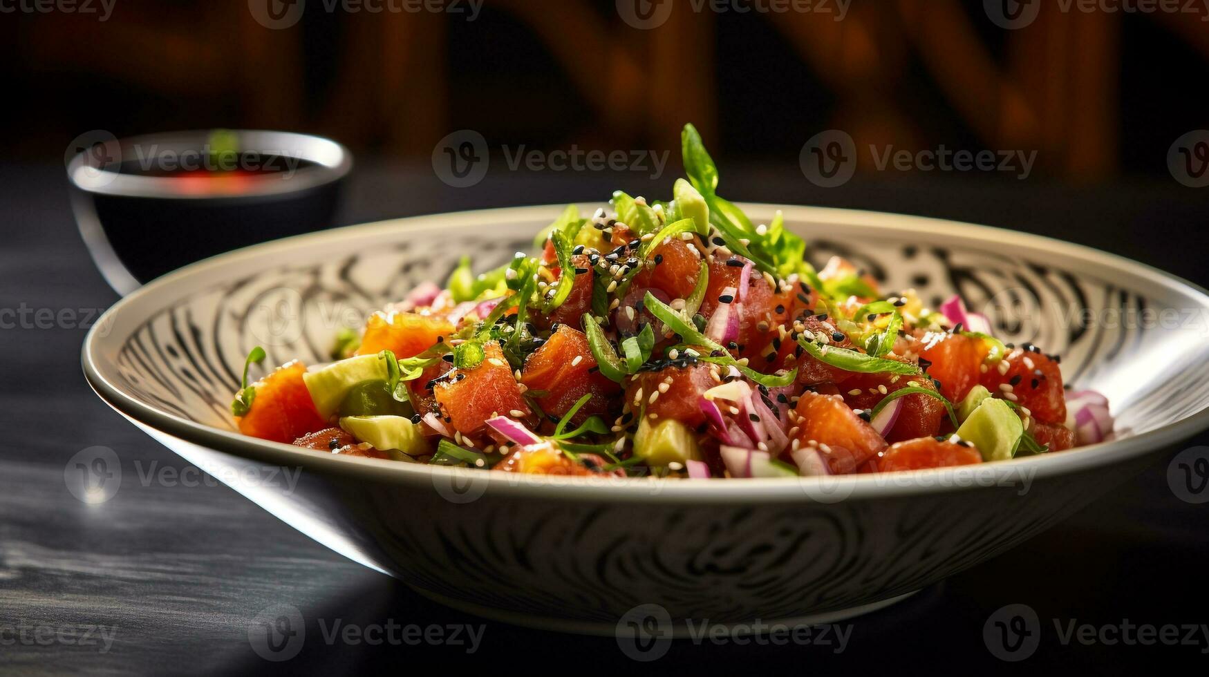 Photo of Ahi Poke as a dish in a high-end restaurant. Generative AI