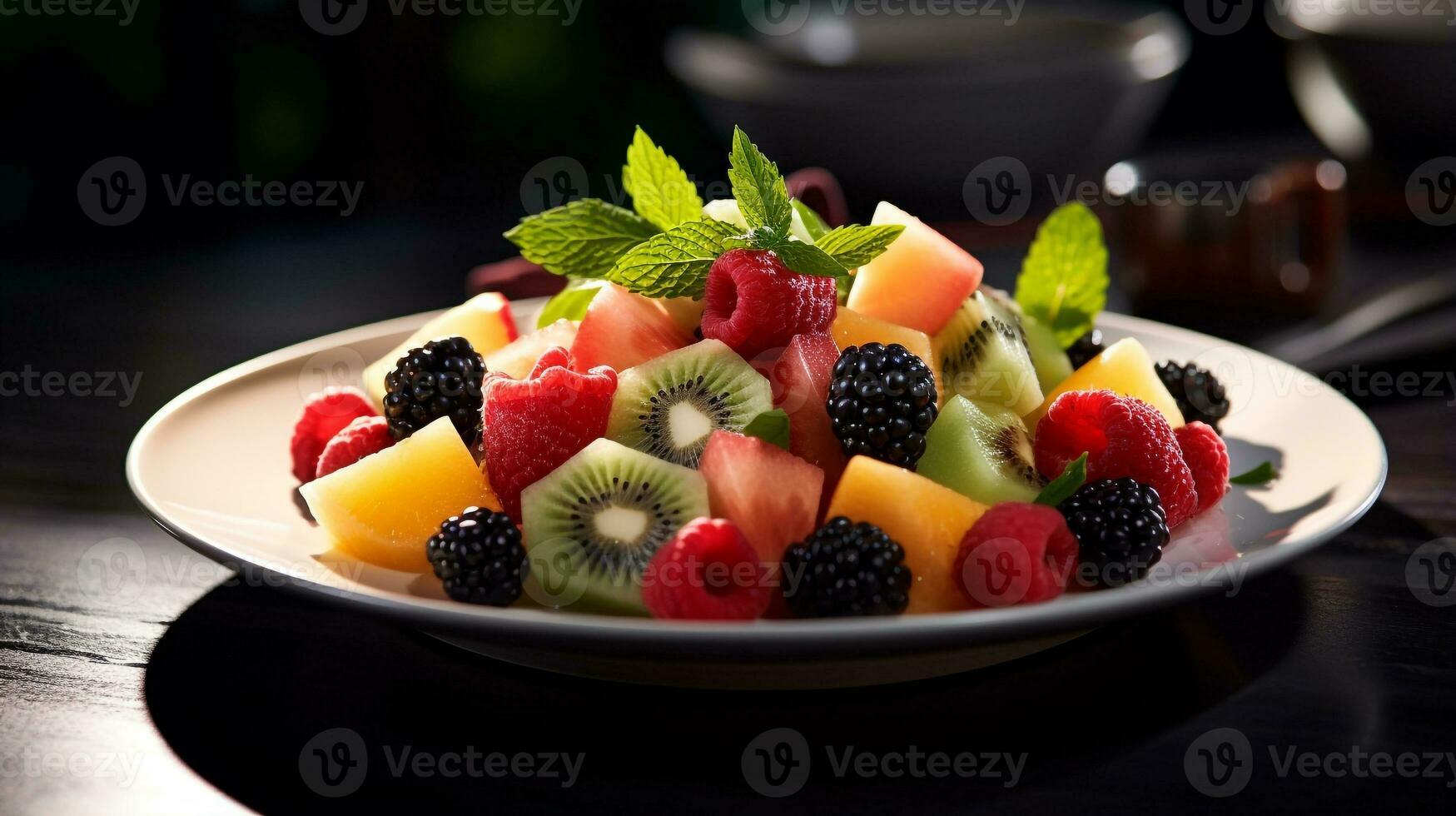 Photo of Fresh Fruit Salad as a dish in a high-end restaurant. Generative AI