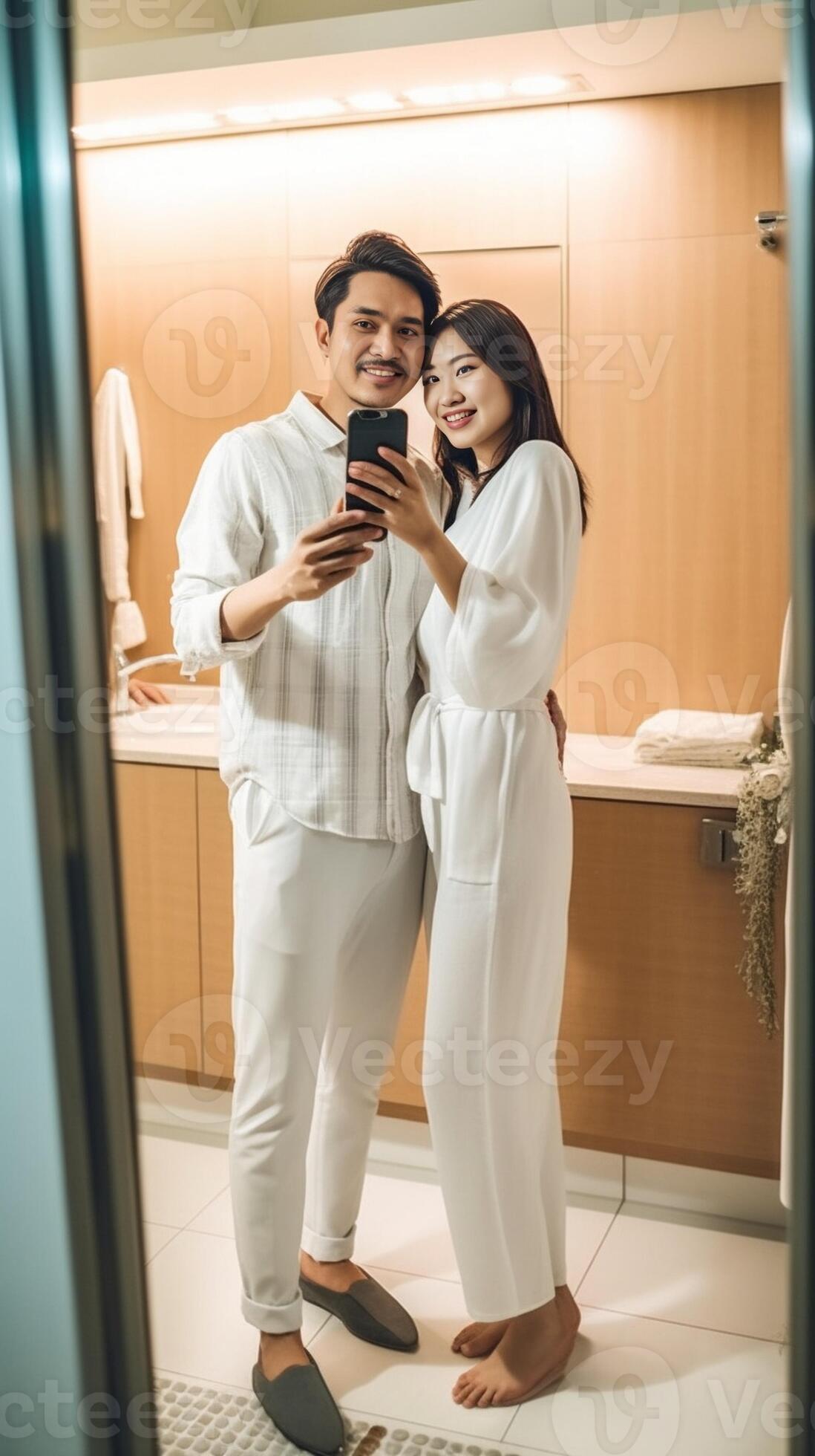 Attractive young couple in bathrobe taking selfie while lying on the