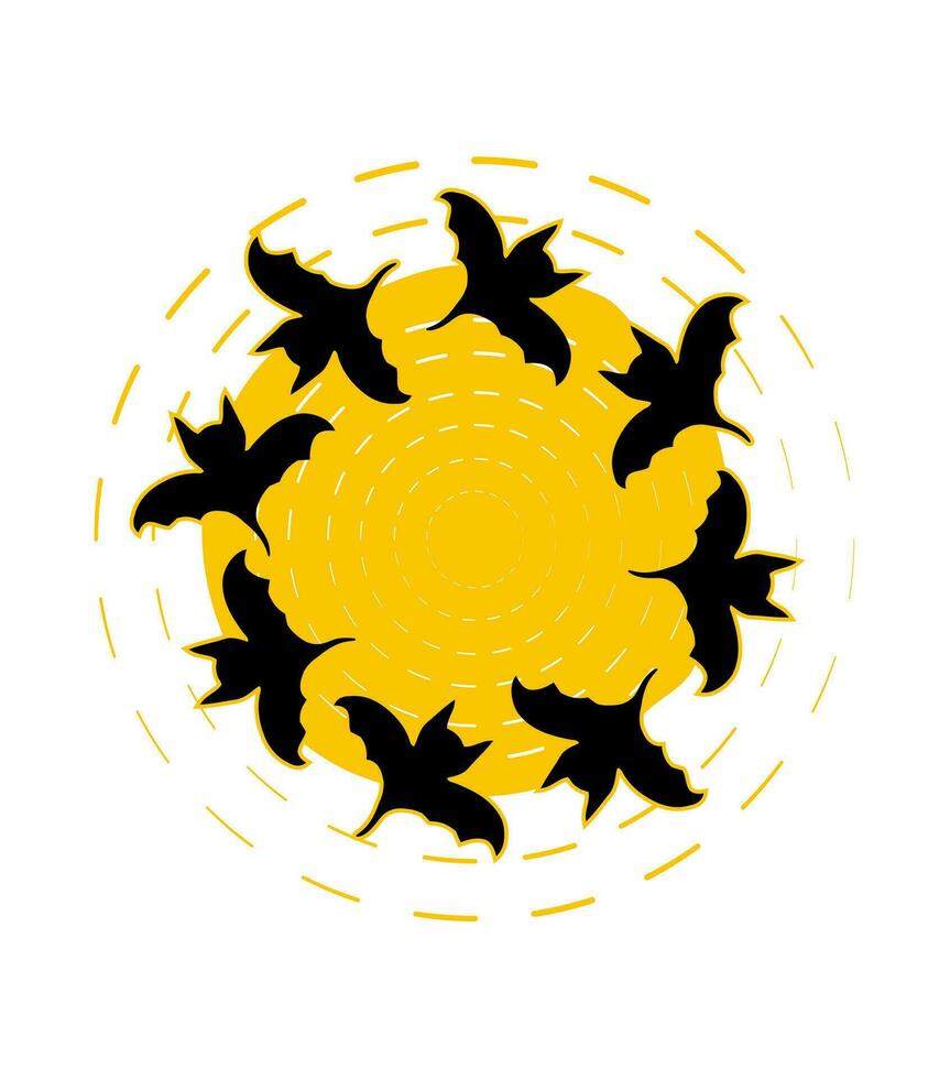 Vector moon and bats in circle. Halloween element doodle icon. Nocturnal animals fly around the moon
