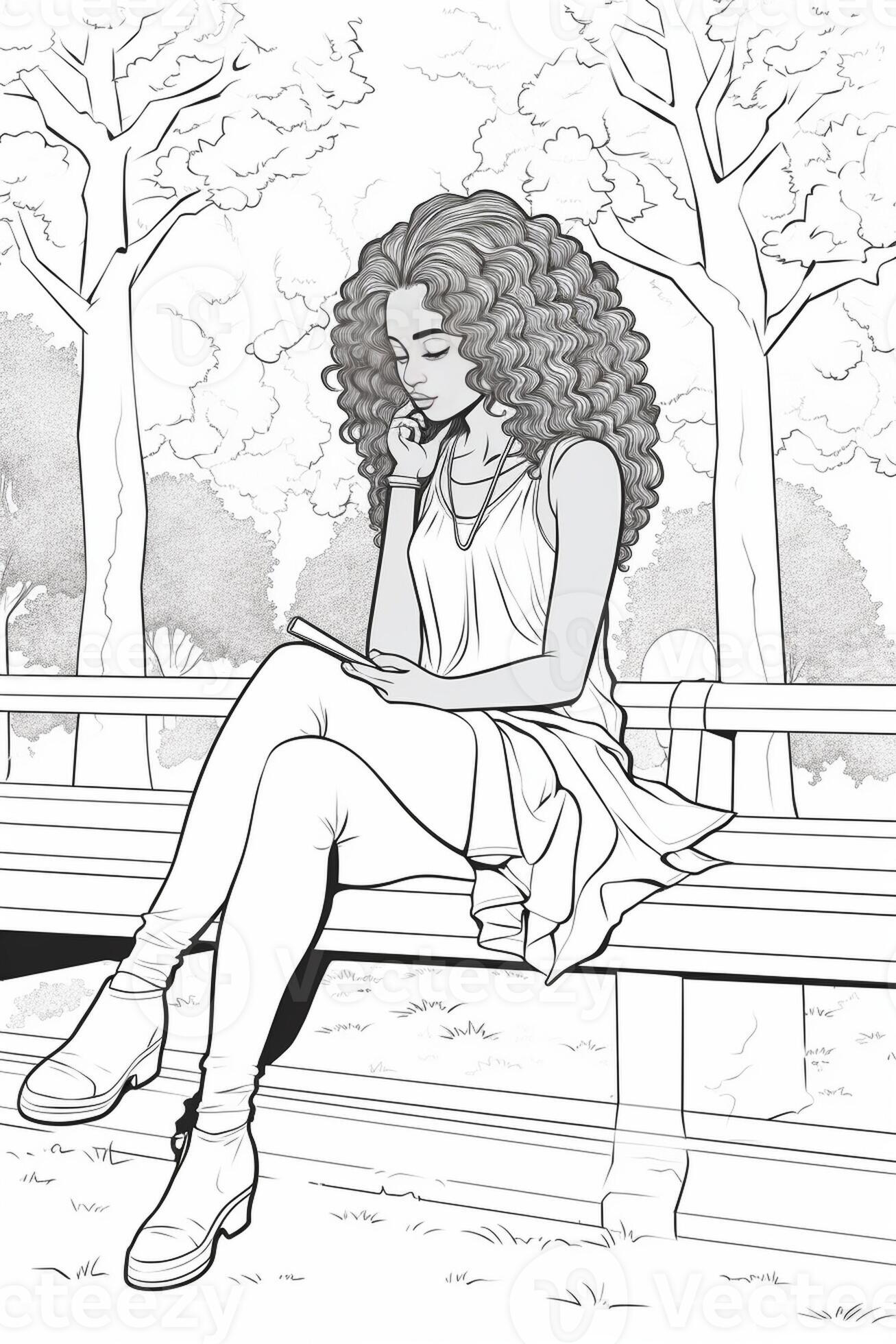 Beautiful fashionable girl sitting on the bench listening the music, Generative AI 29878702