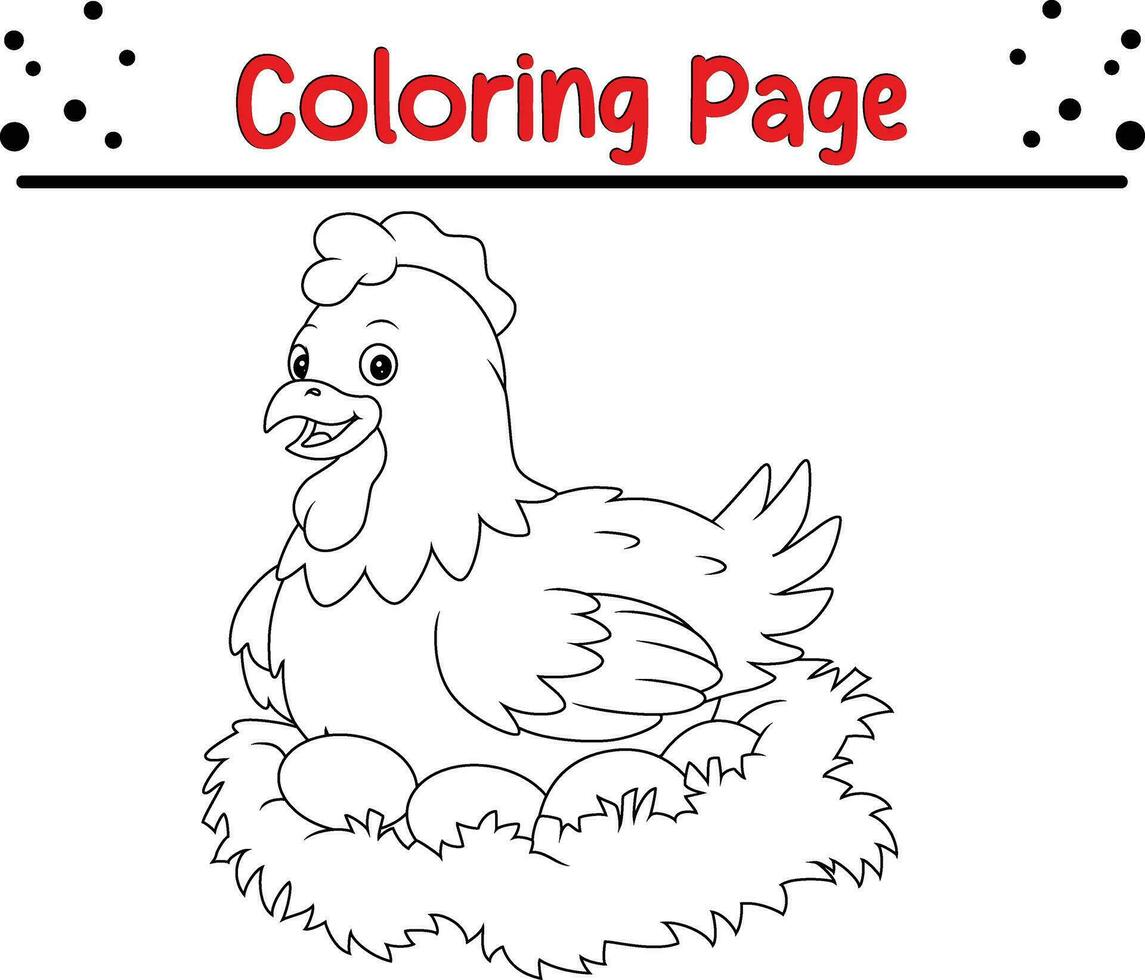 Hen Coloring Page for children. Black and white vector illustration for coloring book