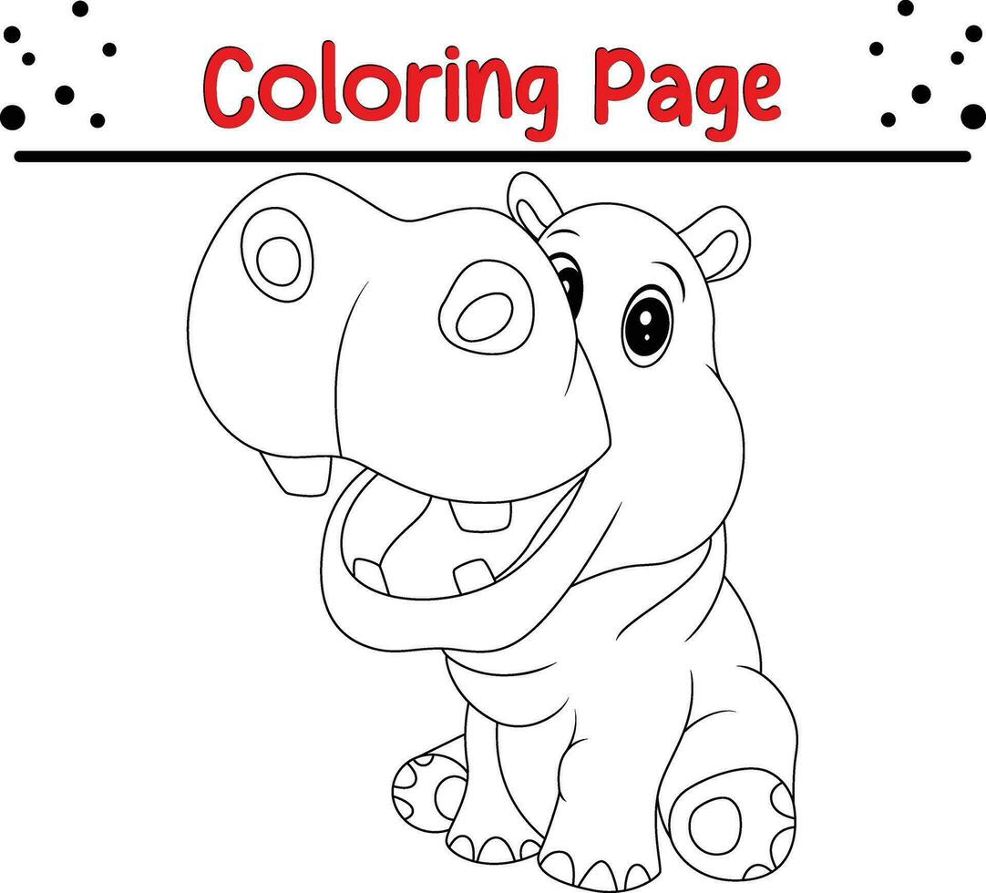 Cute happy baby hippo Animal coloring page for children. Black and white vector illustration for coloring book.