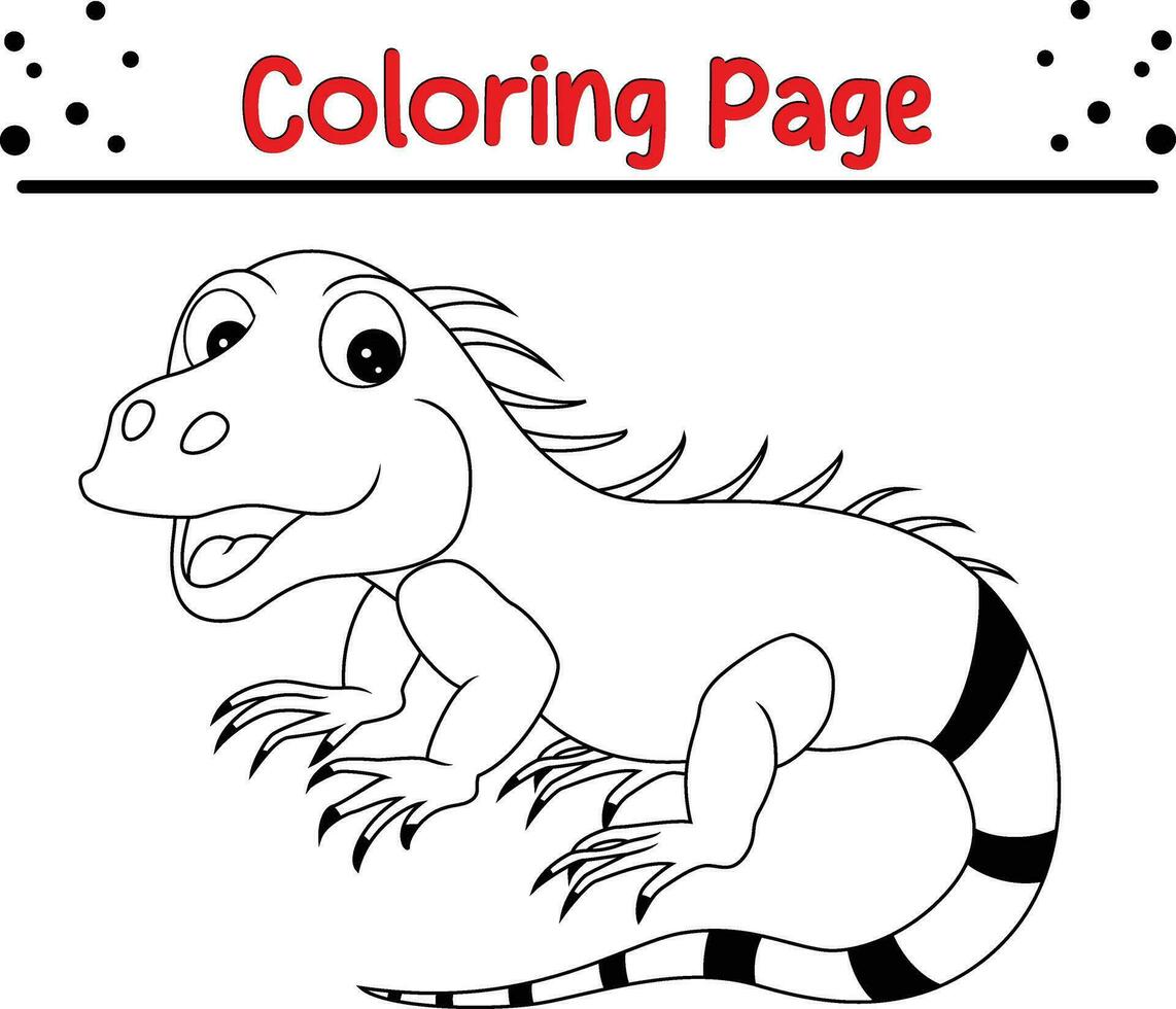 Cute Iguana Animal coloring page for children. Black and white vector illustration for coloring book.