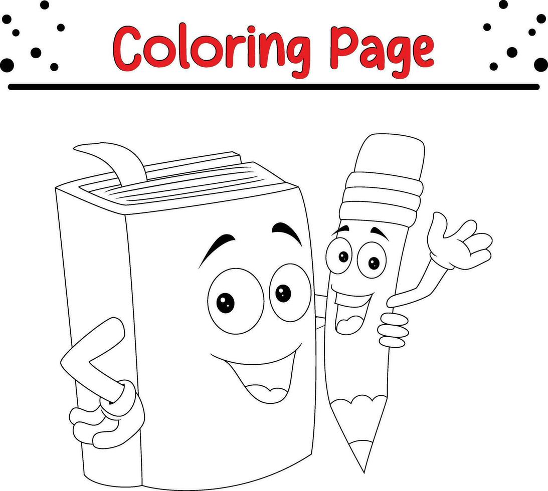 Cute Book and pencil  coloring page for children. Black and white vector illustration for coloring book.