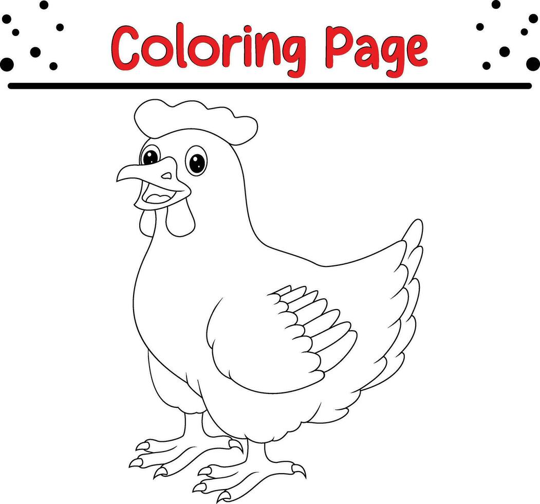 Hen Coloring Page for children. Black and white vector illustration for coloring book