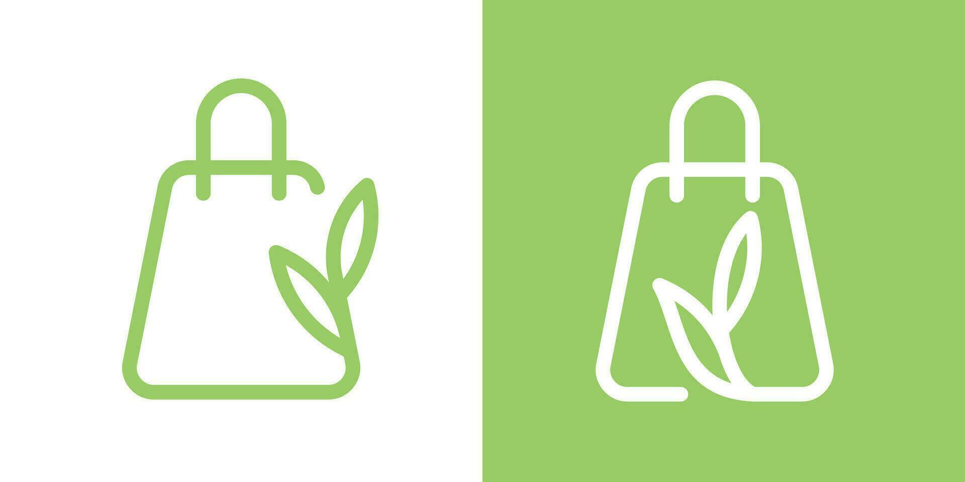 shopping bag and leaf logo design icon line vector illustration