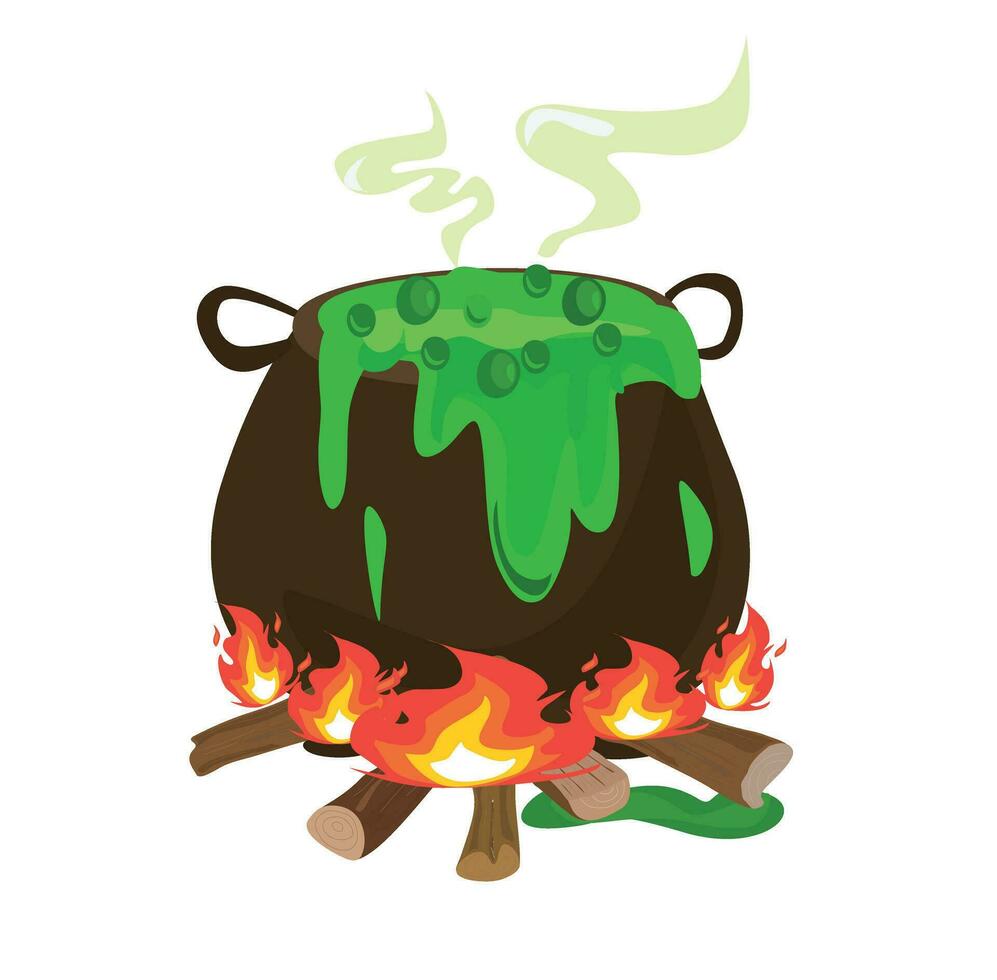 Witch's potion cauldron vector illustration. Cauldron of poisonous potion magic. Happy halloween clip art.  Flat vector in cartoon style isolated on white background.