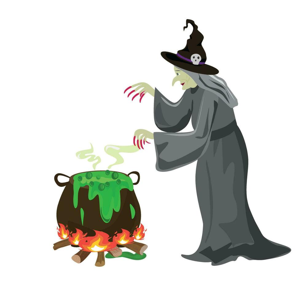 Witch vector illustration. Witch and poisonous potion cauldron. Happy halloween clip art. Witch and potion magic. Halloween character. Flat vector in cartoon style isolated on white background.