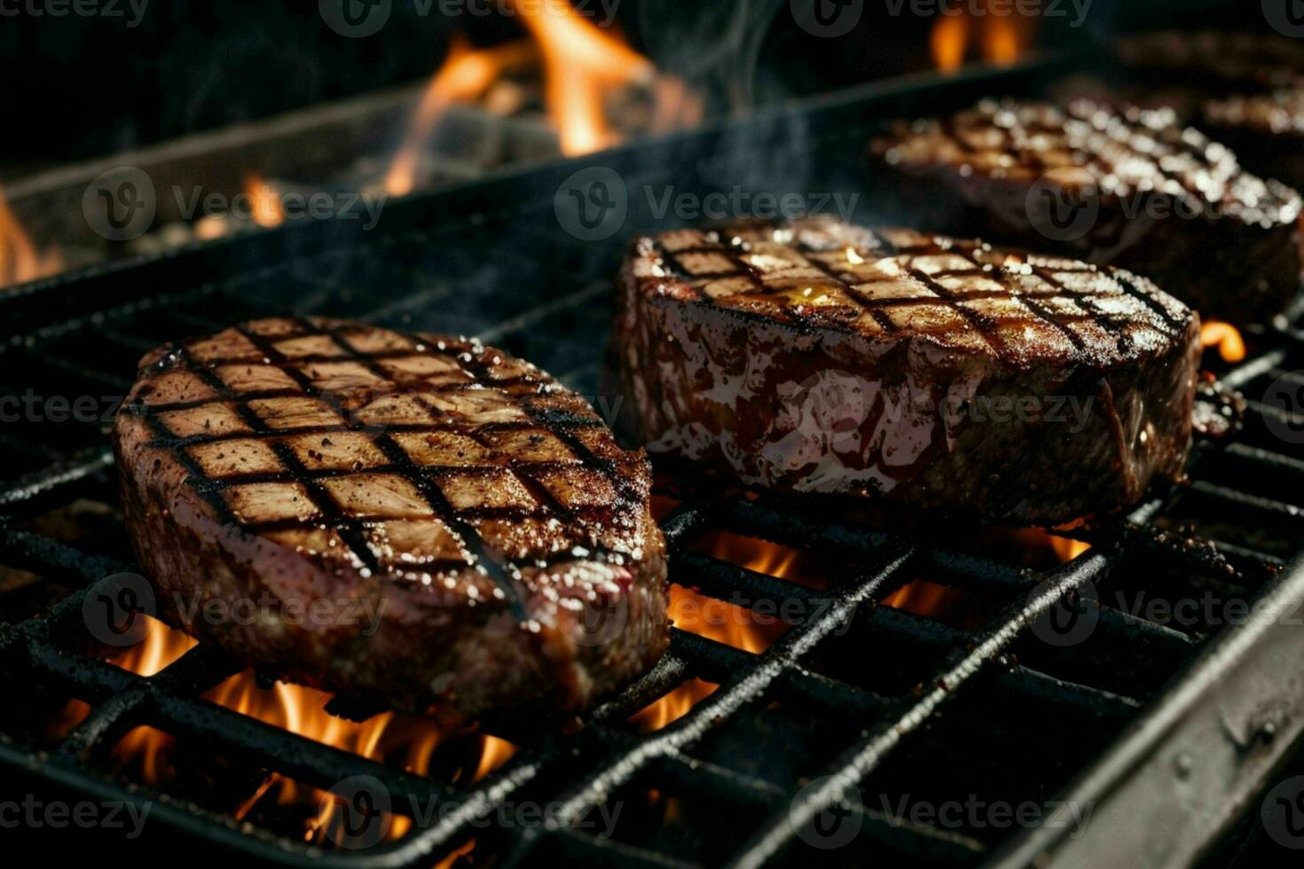 Beef steaks on the grill. AI Generative Pro Photo