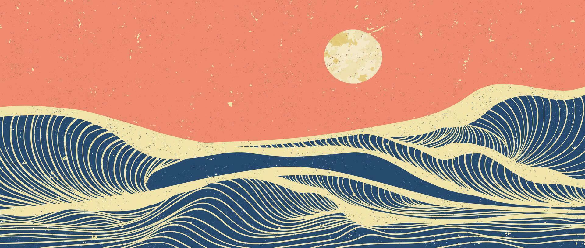 Oceano ola paisaje ilustración en Clásico estilo. resumen línea Arte antecedentes con mar, ola y el Luna vector