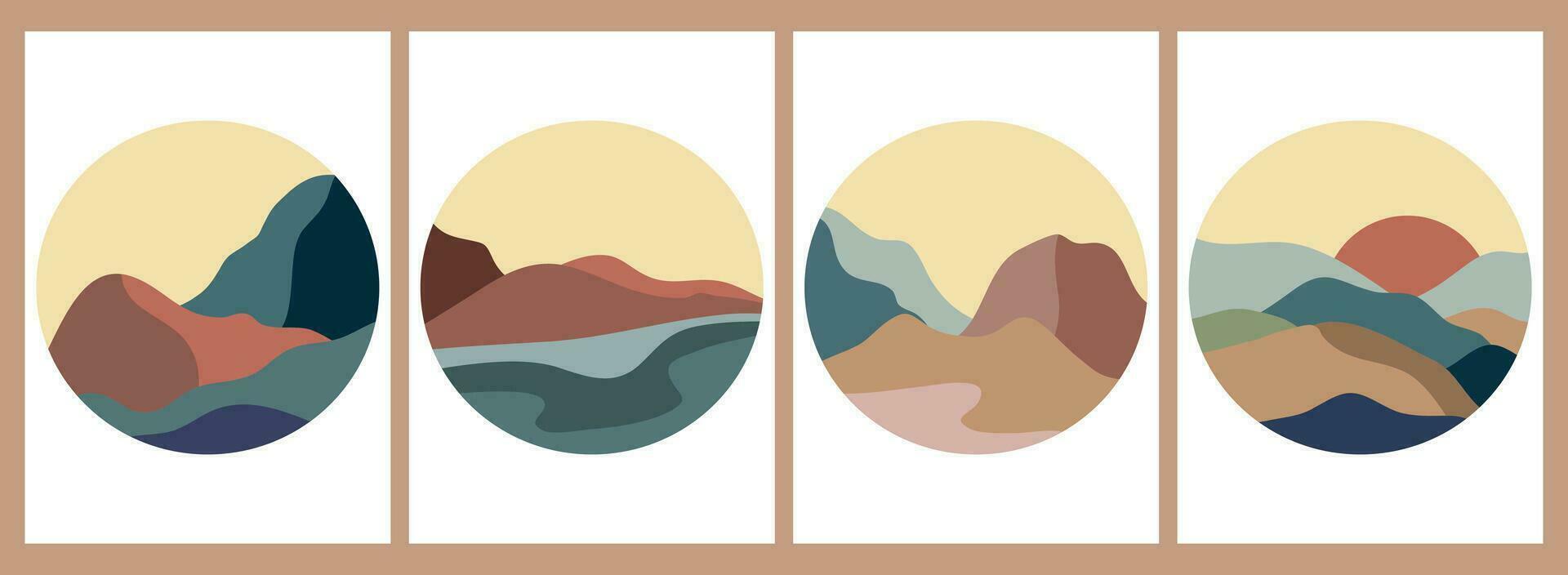 conjunto de redondo montañas logo. redondo logo para pegatinas, póster logotipos, tarjeta. minimalista estilo paisaje ilustraciones de medio siglo moderno Arte con río, sierras, ola vector