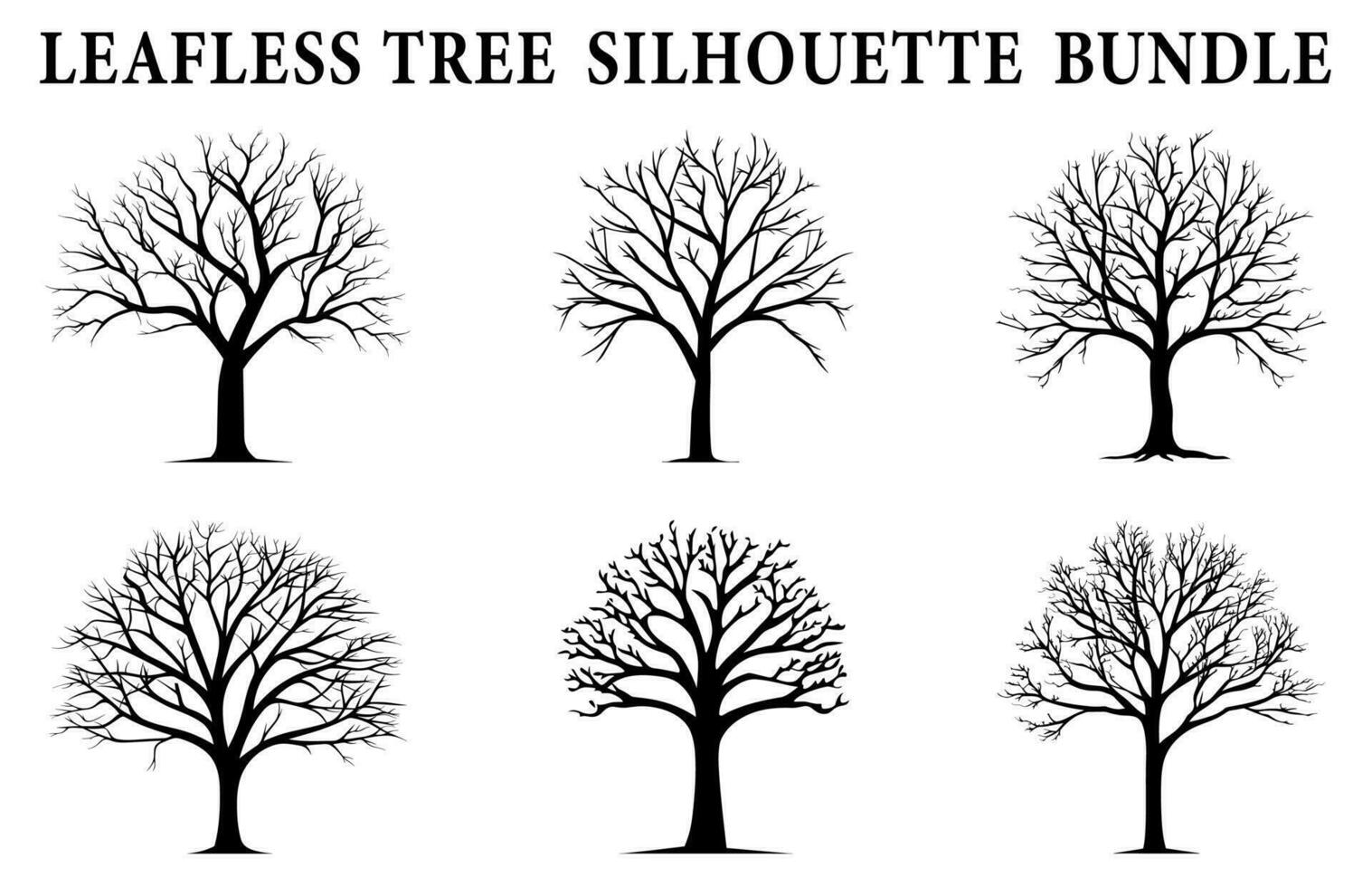 Tree without leaves silhouettes bundle, Set of scary tree, dead tree silhouettes, Leafless tree vector Set