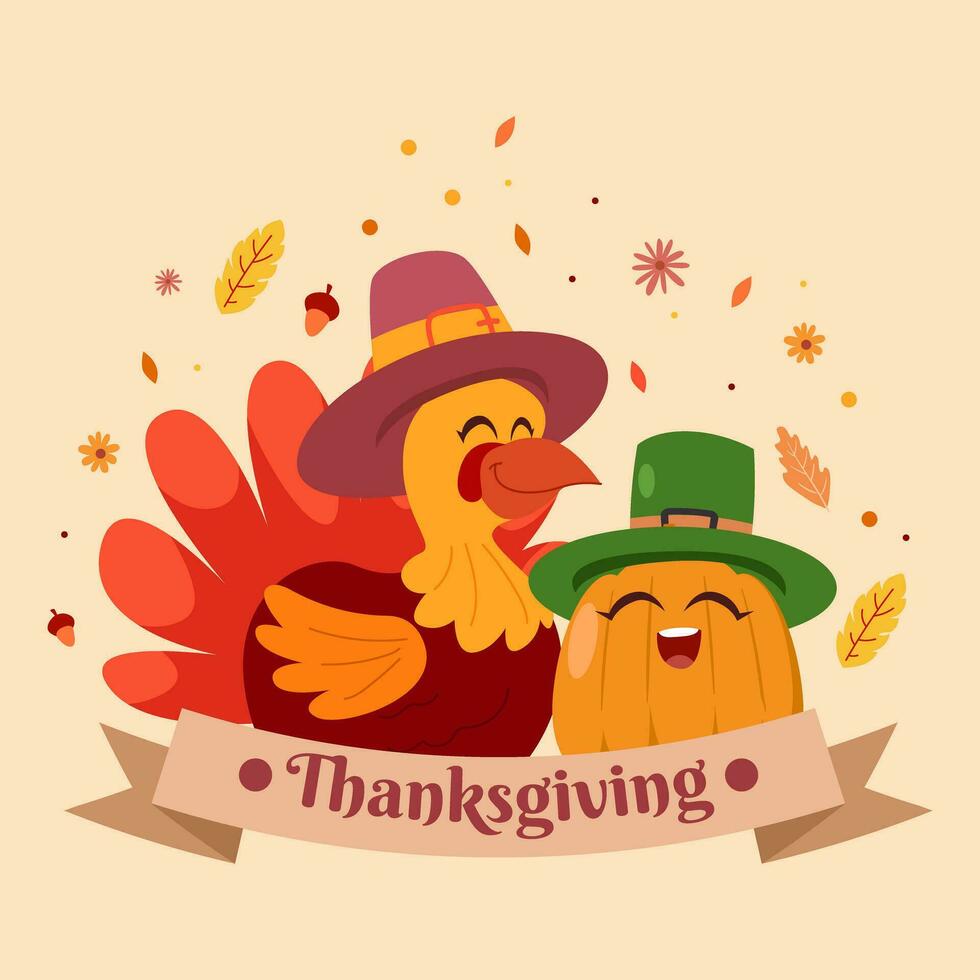 hand drawn flat thanksgiving background with turkey and pumpkin vector