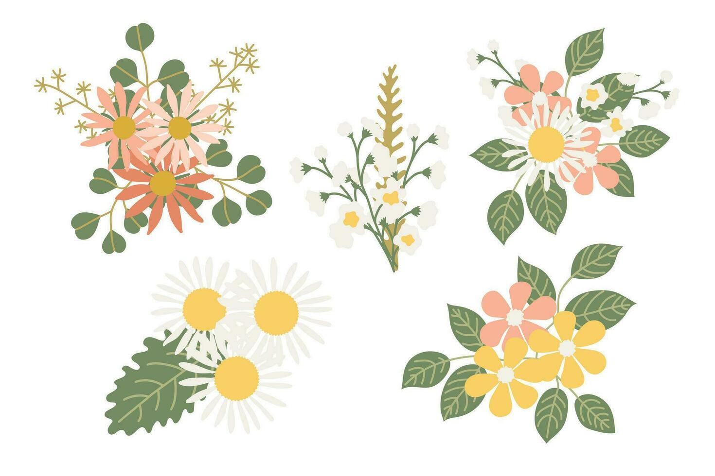 Simple flat hand drawn bouquets of wild flowers elements for decorating greeting cards, invitations, banners. Vector illustration
