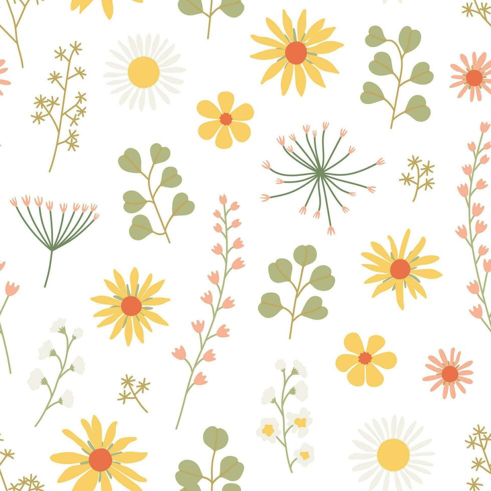 Beautiful vintage floral seamless pattern with wild flowers on white background. Wallpaper print. Vector illustration